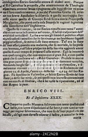 "Mappamondo Istorico". Band V. die nördlichen Königreiche England, Schottland, Schweden und Dänemark von ihren Anfängen bis zum Jahr 1699. Das Leben der Könige von England. Kapitel über Heinrich VIII. (1491–1547), König von England (1509–1547). Von Pater Antonio Foresti (1625–1692), von der Gesellschaft Jesu. Parma, 1711. Stockfoto