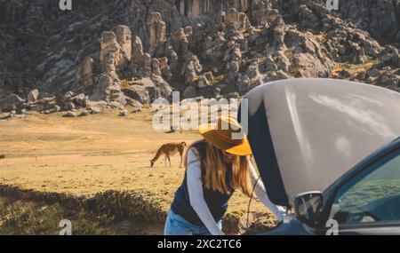 Eine Frau steht neben einem Auto mit gelbem Hut Stockfoto