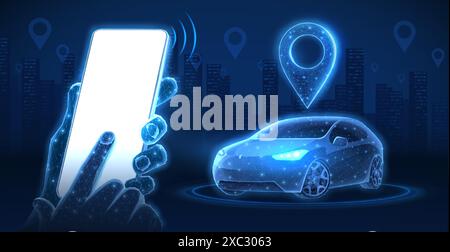 Telefon in Händen mit leerem Bildschirm und digitalem Auto. Parkanwendung, Carsharing, Uber-Service Stock Vektor