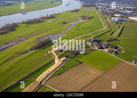 Luftaufnahme, Deich zwischen Dornick und Dornicksche Ward Landschaftsschutzgebiet LSG und Flughafen Emmerich-Palmersward, Vrasselt, Emmerich am Rhein, Stockfoto