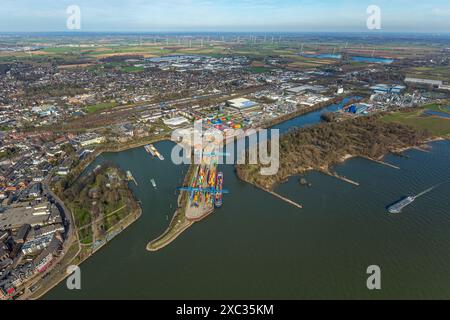 Luftaufnahme, Hafen Emmerich, Containerterminal Emmerich, Rhein-Waal Logistics, Löwenberger Landwehr, Emmerich, Emmerich am Rhein, Nordrhein-W Stockfoto