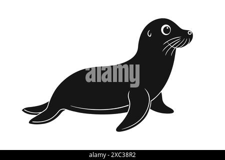 Schwarze Silhouette eines Seelöwen isoliert auf weißem Hintergrund. Konzept der Meerestier-Illustration minimalistischer Wassertierarten. Symbolprotokoll drucken Stock Vektor