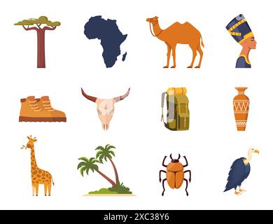 Afrika- und Safari-Elemente und -Symbole. Kamel, Giraffe, Palme, Baobab, Geier, Rucksack Stiefel ägyptische Vase Stock Vektor