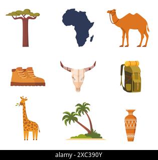 Afrika- und Safari-Elemente und -Symbole. Kamel, Giraffe, Palme, Baobab, Geier, Rucksack Stiefel ägyptische Vase Stock Vektor