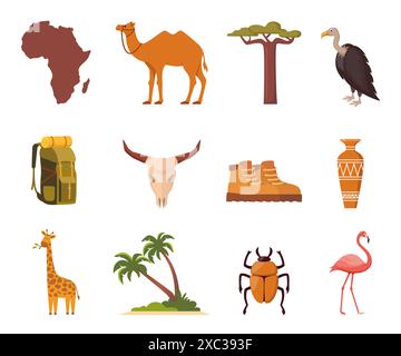 Afrika- und Safari-Elemente und -Symbole. Kamel, Giraffe, Palme, Baobab, Geier, Rucksack Stiefel ägyptische Vase Stock Vektor