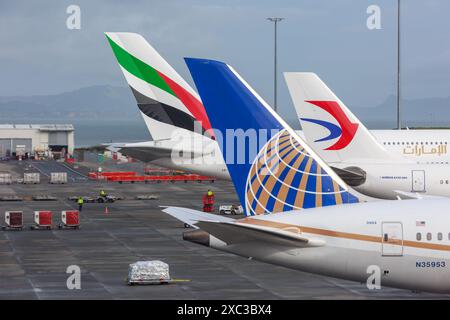 Die Abschlüsse und Logos von United Airlines, China Eastern und Emirates am Auckland International Airport Stockfoto