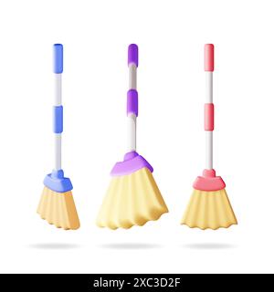3D-Satz Reinigungsbesen isoliert auf weiß Stock Vektor