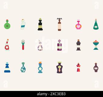 Spieltrank und Zauberkugel. Cartoon Elixier für Stärke Mana und Ausdauer, Love Potion Gift und Gegenmittel in Magic Phials 2D-Spiel UI Icon Asset. Vektor Stock Vektor