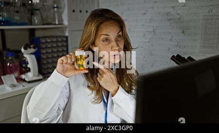 Eine hispanische Frau in einem Labor untersucht eine Pillenflasche mit Fokus, umgeben von medizinischen Geräten in Innenräumen. Stockfoto