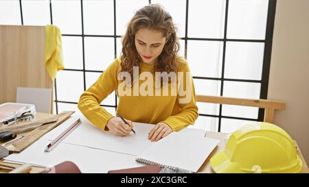 Fokussierte Frau in Gelb, die Pläne auf Papier in einem hellen Tischlerstudio-Arbeitsplatz skizziert. Stockfoto