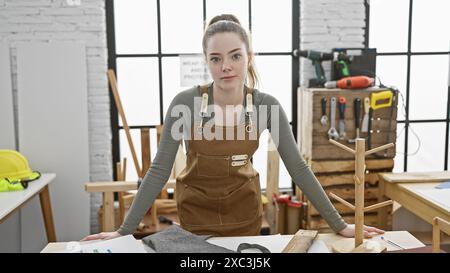 Selbstbewusste junge Frau in brauner Schürze in einer gut ausgestatteten Tischlerei. Stockfoto