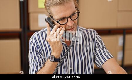 Ein reifer Mann in Brille telefoniert in einem Lagerhaus, umgeben von Kartonschachteln. Stockfoto