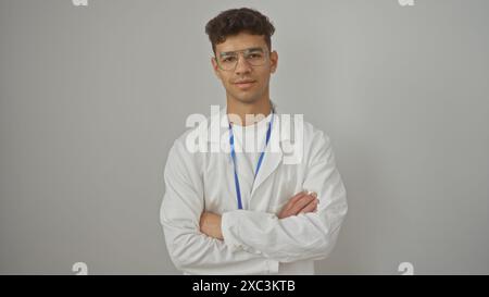 Hübscher junger hispanischer Mann mit Brille in einem weißen Mantel steht selbstbewusst mit überkreuzten Armen vor einem isolierten weißen Hintergrund. Stockfoto