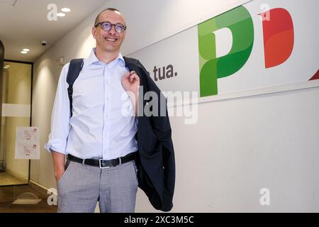 Roma, Italien. Juni 2024. Matteo Ricci in Cassione dell'Assemblea dei neo eletti PD al Parlamento Europeo, sede nazionale PD A Roma, Venerdì, 14 Giugno 2024 (Foto Mauro Scrobogna/LaPresse) Matteo Ricci anlässlich der Versammlung der neu gewählten PD im Europäischen Parlament, nationaler Sitz der PD in Rom, Freitag, 14. Juni 2024 (Foto: Mauro Scrobogna/LaPresse) Credit: LaPresse/Alamy Live News Stockfoto