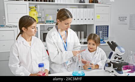 Eine Frau und zwei Mädchen in Labormänteln nehmen an einem wissenschaftlichen Experiment in einem Labor Teil. Stockfoto