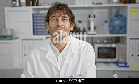 Hübscher bärtiger Mann mit grünen Augen, der einen Labormantel in einem Labor trägt, ein Beispiel für einen professionellen hispanischen Arzt. Stockfoto
