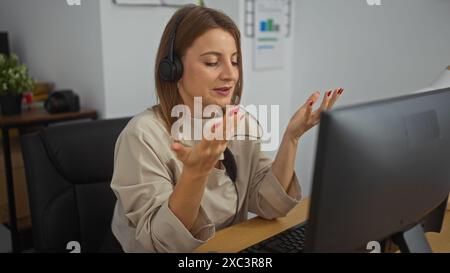 Junge attraktive Frau in einem Büro, die während einer Online-Besprechung oder Videokonferenz ein Headset trägt. Stockfoto