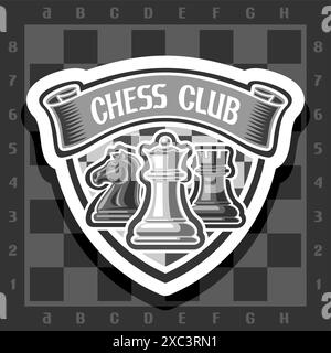 Vektor-Logo für Chess Club, dekoratives Schild mit schwarz-weißer Illustration von Schachfiguren und Band mit Wörtern Schachclub auf grauem Karo Stock Vektor