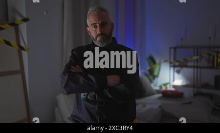 Bärtiger Mann mit überkreuzten Armen, der entschlossen an einem schwach beleuchteten Indoor-Tatort steht Stockfoto
