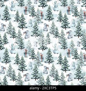 Nahtloses Wintermuster auf weißem Hintergrund mit Weihnachtsbäumen, Hasen, Schneemännern, Geschenken. Aquarell-Illustration aus einem großen Satz VON GEMÜTLICHEN WINTER Stockfoto