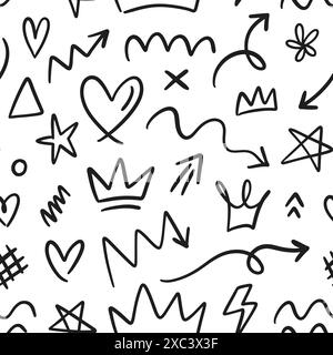 Doodle Tusche Pfeile Herzformen nahtloses Muster Stock Vektor