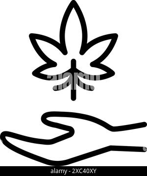 Offene Hand mit dem linearen Marihuanablatt-Symbol. Lineare Symbole von Cannabidiol. Cannabislegalisierung. Kontursymbol. Vektorisolierte Umrisszeichnung Stock Vektor