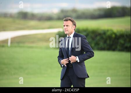 Gipfeltreffen G7, Borgo Egnaza, Italien. Der Französische Präsident Emmanuel Macron. 13.06.2024 Borgo Egnaza, Italien. Foto: Aleksy Witwicki/SIPA USA Stockfoto