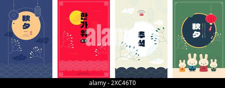 Happy Chuseok Festival-Poster-Set. Koreanisches Hangawi-Feiertagsbanner. Gedenkplakette zum koreanischen Thanksgiving-Tag. Asiatischer Mondkuchen zur Herbsternte orientalische Event-Typografie. Übersetzung: Hangawi Chuseok Stock Vektor