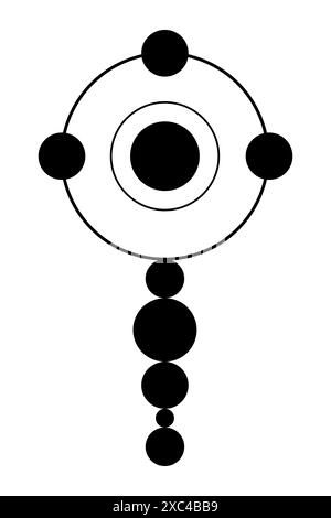 Kreuzsymbol aus Kreisen. Sieben Chakren, wobei das Third Eye Chakra durch zwei weitere Chakren auf der linken und rechten Seite unterstützt wird. Stockfoto