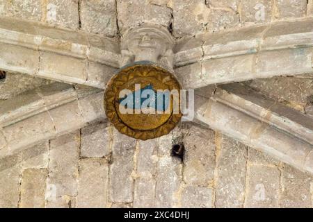 Castelló d'Empúries, Basilika Santa Maria de Castello d'Empuries, Schlussstein Stockfoto