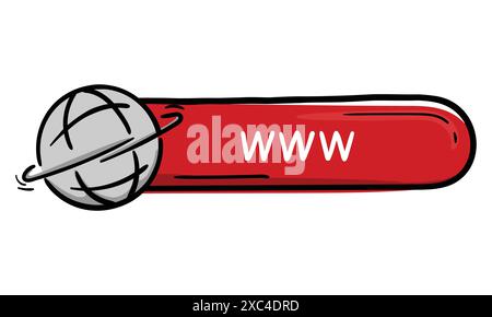 Leuchtend von Hand gezeichneter roter Knopf mit Text WWW und Planetensymbol. Editierbares Vektor-Element für Website, Anwendung, Design. Stock Vektor