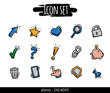 Eine Reihe von farbigen, handgezeichneten Symbolen für Kommunikation und soziale Medien. Vektorelemente für Website, Design Stock Vektor