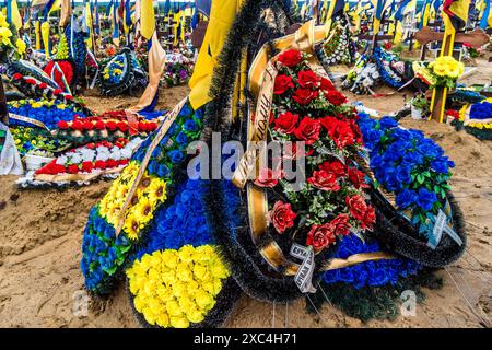 Charkiw, Ukraine, 13. Juni 2024 Aleja Slawy, Militärfriedhof südlich von Charkiw. Die Gräber von Soldaten, Helden, die die Ukraine verteidigten, sind bedeckt mit Stockfoto