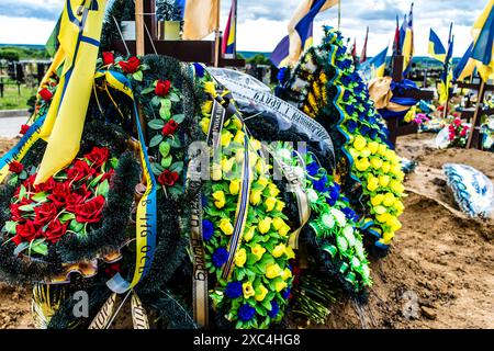 Charkiw, Ukraine, 13. Juni 2024 Aleja Slawy, Militärfriedhof südlich von Charkiw. Die Gräber von Soldaten, Helden, die die Ukraine verteidigten, sind bedeckt mit Stockfoto