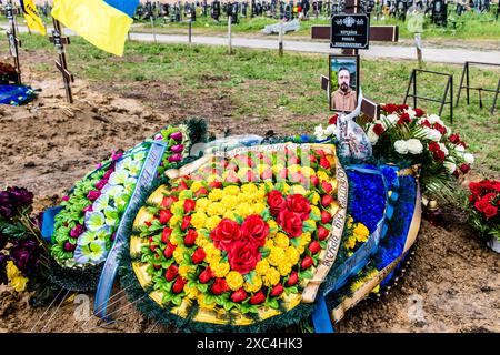 Charkiw, Ukraine, 13. Juni 2024 Aleja Slawy, Militärfriedhof südlich von Charkiw. Die Gräber von Soldaten, Helden, die die Ukraine verteidigten, sind bedeckt mit Stockfoto
