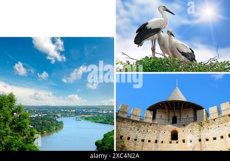 Luftaufnahme der mittelalterlichen Festung in Soroca, Republik Moldau. Freier Platz für Text. Collage. Stockfoto