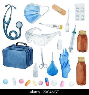 Aquarellzeichnung Sammlung verschiedener medizinischer Gegenstände und Zeichen: Pille, Stethoskop, Flasche, Tasche, Handschuhe, Schere, Klyster, Pipette, rotes Kreuz Stockfoto