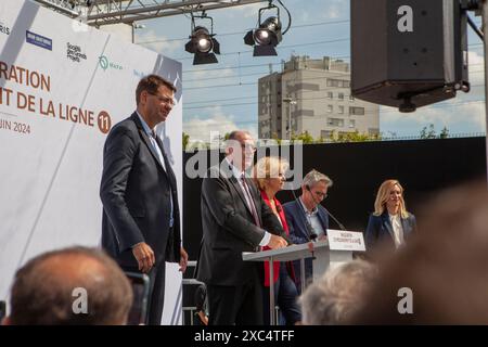 RATP und IDFM weihen am Donnerstag, den 13. Juni 2024, die Verlängerung der U-Bahn-Linie 11 ein Stockfoto