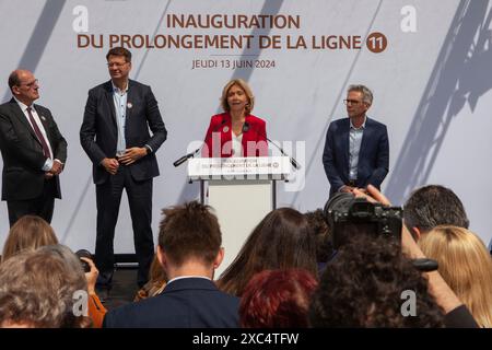 RATP und IDFM weihen am Donnerstag, den 13. Juni 2024, die Verlängerung der U-Bahn-Linie 11 ein Stockfoto