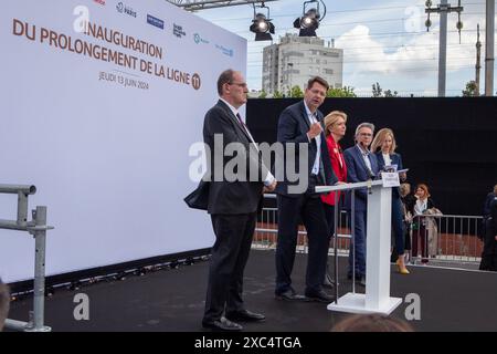 RATP und IDFM weihen am Donnerstag, den 13. Juni 2024, die Verlängerung der U-Bahn-Linie 11 ein Stockfoto