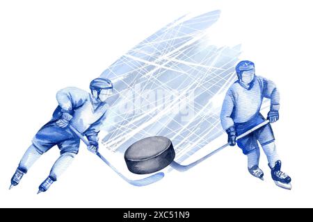 Zwei Hockeyspieler mit Stöcken in Bewegung mit einem Puck auf dem Hintergrund eines blauen Aquarellflecks und Schlittschuhbahnen auf dem Eis, handgezeichnete Aquarellskala Stockfoto