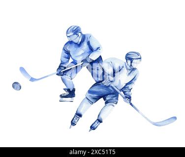 Zwei Hockeyspieler mit Stöcken in Bewegung mit einem Puck, handgezeichnete Aquarellskizze des Eissportthemas, Illustration auf weißem Hintergrund, für Hockey de Stockfoto