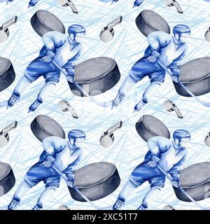 Eishockeyspieler mit Stöcken in Bewegung mit einem Puck auf dem Hintergrund eines blauen Aquarellflecks und Skatebahnen auf dem Eis, handgezeichnete Illustration, Wat Stockfoto