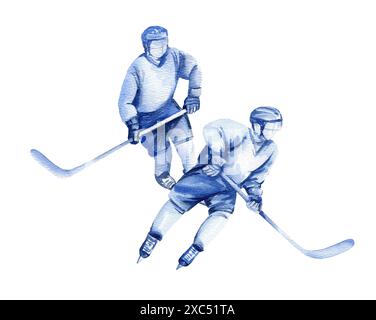 Zwei Hockeyspieler mit Stöcken in Bewegung, handgezeichnete Aquarellskizze des Eissportthemas, Illustration auf weißem Hintergrund, für Hockeydekoration, BA Stockfoto