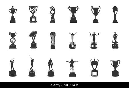 Trophäen-Silhouetten, Trophäen-Vektor-Set, Trophäen-Symbol, Pokal-Trophäen-Silhouette, Spieler-Trophäen-Silhouette, Sieger-Trophäenbecher. Stock Vektor