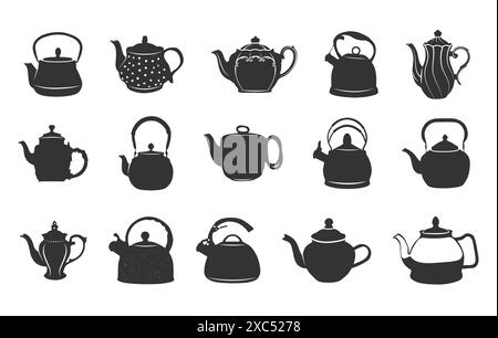 Teekanne Silhouette, Kessel Silhouetten, Keramik Teekanne Silhouette, schicke Teekanne Silhouette, Teekanne Clipart Stock Vektor