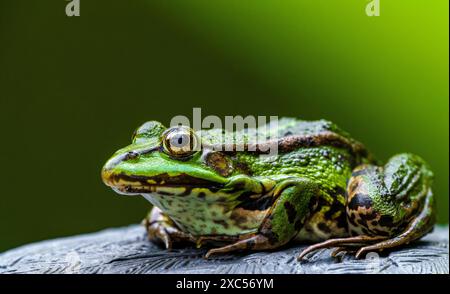 Ein grüner Frosch ruht auf einem Stein in seinem natürlichen Lebensraum, der in einer detaillierten Nahaufnahme zusammen mit seiner Umgebung erfasst wird Stockfoto