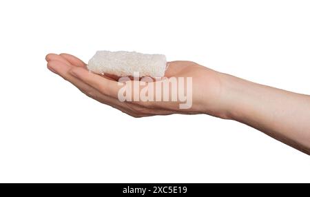 Luffa Schwamm Luffa isoliert, natürliche Kürbishand waschen. Umweltfreundliche Reinigung mit Handfinger Hygienebad. Rechteck Gesundheit Geschirrspüler Hausarbeit Mann Gebrauch. Stockfoto