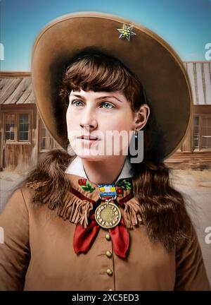 Porträt eines jungen Cowgirls in traditioneller westlicher Kleidung mit Hut und dekorativen Fransen. Spiegelt das Wesen der Mode des alten Westens und den Pioniergeist wider. Annie Oakley, geboren als Phoebe Ann Mosey am 13. August 1860, war eine US-amerikanische Scharfschützin und Volksheldin. Als Kind entwickelte sie Jagdfähigkeiten, um ihre verarmte Familie im Westen von Ohio zu versorgen. Im April 1885 nahm Annie an der Wild West Show von Buffalo Bill Cody Teil. Als „Miss Annie Oakley, the Peerless Lady Wing-shot“ war sie 16 Jahre lang eine der Hauptattraktionen der Show. Das Publikum war erstaunt, wie sie geschossen hat. Stockfoto