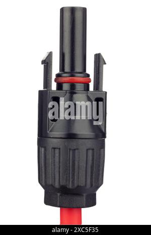 Nahaufnahme des schwarzen Steckverbinders mit rotem Draht für Sonnenkollektor. Stockfoto